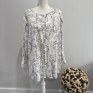 Cynthia Rowley COLLARLESS 100% Linen Print Button Down Shirt Tunic Size 1X